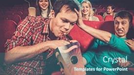  Presentation with popcorn movie - Amazing slide deck having impudent young man steals popcorn in cinema while people watching movie backdrop and a ocean colored foreground