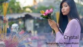 Presentation with hand holding flowers - PPT theme having incense sticks and lotus flowers background and a light blue colored foreground