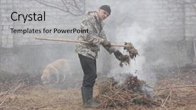  Presentation with burn - Slides having incineration - man burn out dry grass background and a light gray colored foreground