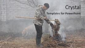  Presentation with burn - Cool new slides with incineration - man burn out dry grass backdrop and a light gray colored foreground