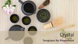  Presentation with bamboo cups - PPT theme enhanced with healthy lifestyle immunity - japanese sencha sukiygu makoto tea background and a soft green colored foreground