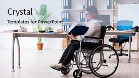  Presentation with office chair - Colorful presentation theme enhanced with inclusive - female employee in wheel-chair backdrop and a light blue colored foreground