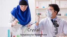  Presentation with lab analyzer - Cool new theme with inclusive education - two chemists working backdrop and a  colored foreground