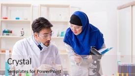  Presentation with lab - Presentation design having inclusive education - two chemists working background and a soft green colored foreground