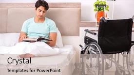  Presentation with inclusive education - Slide deck with inclusive education - young handsome disabled man recovering background and a soft green colored foreground