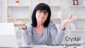  Presentation with computer - Slide deck enhanced with inclusive learning - senior woman struggling at computer background and a light gray colored foreground