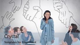  Presentation with business group meeting - Slide deck with income genarated - digital composite of group background and a light blue colored foreground