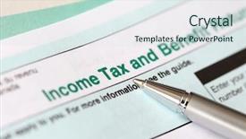  Presentation with income tax - PPT theme featuring income tax form and pen background and a sky blue colored foreground