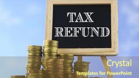  Presentation with tax refund - Beautiful presentation theme featuring taxable income - many piles of coins backdrop and a tawny brown colored foreground
