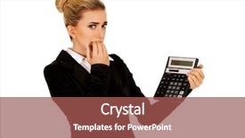  Presentation with calculator - Theme featuring incoming outgoing - nervous businesswoman looking at calculator background and a  colored foreground
