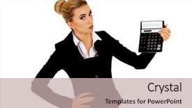  Presentation with calculator - Cool new theme with incoming outgoing - shocked businesswoman looking at calculator backdrop and a  colored foreground