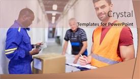  Presentation with checks - PPT layouts consisting of incoming-warehouse-clerk-checks-delivery background and a coral colored foreground