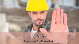  Presentation with safety construction worker in construction - Beautiful presentation theme featuring incomplete - construction worker with stop hand backdrop and a coral colored foreground