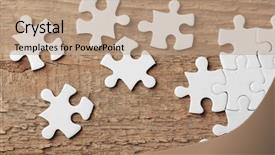  Presentation with dark vintage wood table texture - Slide deck enhanced with incomplete puzzles on wooden table background and a coral colored foreground