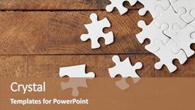  Presentation with wooden board empty table top - PPT layouts featuring incomplete puzzles on wooden table background and a coral colored foreground