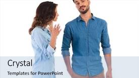  Presentation with listening woman - Beautiful presentation theme featuring incomprehension - bored casual man listening backdrop and a light blue colored foreground