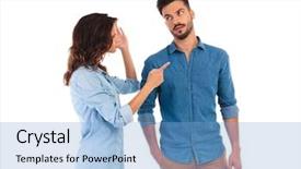  Presentation with everything - Audience pleasing slides consisting of incomprehension - casual woman blaming her man backdrop and a light blue colored foreground