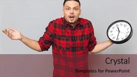  Presentation with clock - Slide set enhanced with incomprehension - incomprehensible man in shirt holding background and a  colored foreground