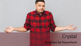  Presentation with camera - Slide deck with incomprehension - incomprehensible man in shirt looking background and a  colored foreground