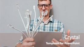  Presentation with young man holdng laptop on lap money - Audience pleasing PPT layouts consisting of inconsistent - young student in glasses backdrop and a coral colored foreground