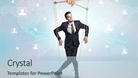  Presentation with concept - Colorful PPT theme enhanced with increased utilization - little businessman controlled from above backdrop and a light blue colored foreground