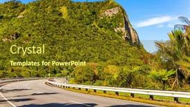  Presentation with green hills - Presentation theme featuring incredible journey picturesque road among green hills of new zealand the magic of distant islands in the ocean the concept of ecological active and photo tourism background and a tawny brown colored foreground