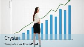  Presentation with increment - PPT layouts featuring increment - smiley businesswoman with big graph background and a  colored foreground