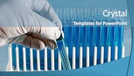  Presentation with scientific - Theme with scientific and medical test tubes being held and examined by a technician wearing a rubber glove background and a teal colored foreground