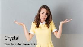  Presentation with group of three young girl - Presentation theme with indecision - confused young girl shrugging shoulders background and a  colored foreground