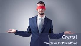  Presentation with blind - Slides with indecision - covered eye indecisive businessman standing background and a ocean colored foreground