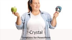  Presentation with apple - PPT theme with indecision - indecisive overweight woman holding background and a  colored foreground