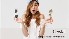  Presentation with pair eyes looking down - Slides with indecision - portrait of stylish indecisive woman background and a soft green colored foreground