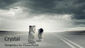  Presentation with boot camp boots - PPT layouts featuring independence movement - pair of hikers boots walking background and a  colored foreground