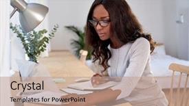  Presentation with paperwork - PPT layouts enhanced with independent job - woman working with financial graphs background and a  colored foreground