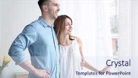  Presentation with standing on scooter - PPT theme featuring independent living - couple standing near big window background and a sky blue colored foreground