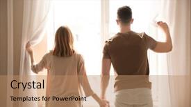  Presentation with recycle plastic bags - PPT layouts enhanced with independent living - happy couple near plastic window background and a  colored foreground