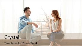  Presentation with happy trails - Beautiful slide deck featuring independent living - happy couple sitting on sill backdrop and a coral colored foreground