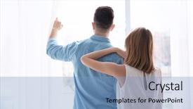  Presentation with curtains - Amazing slide set having independent living - happy couple standing near window backdrop and a  colored foreground