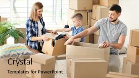  Presentation with living room family - Audience pleasing presentation theme consisting of independent living - happy family packing boxes backdrop and a coral colored foreground