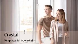  Presentation with college education happy smiling - PPT theme consisting of independent living - happy smiling couple near plastic background and a coral colored foreground