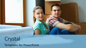  Presentation with new home - Presentation theme enhanced with independent living - portrait of young couple moving background and a light blue colored foreground