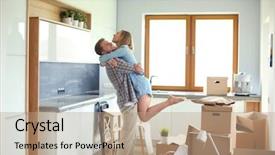  Presentation with new home - Beautiful slides featuring independent living - portrait of young couple moving backdrop and a coral colored foreground