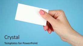  Presentation with index card - Audience pleasing PPT layouts consisting of index cards - female hand holding business card backdrop and a light blue colored foreground
