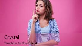  Presentation with close up baby girl knitted - Amazing slide set having index finger up while thinking backdrop and a coral colored foreground