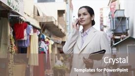  Presentation with city street - Audience pleasing PPT layouts consisting of indian bazaar - young businesswoman using cell phone backdrop and a gray colored foreground
