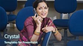  Presentation with indian woman - PPT theme with executive chairs - indian business woman communicating background and a ocean colored foreground