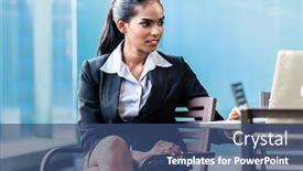  Presentation with indian woman - Beautiful presentation theme featuring indian business woman working with laptop sitting on terrace in front of city skyline backdrop and a ocean colored foreground