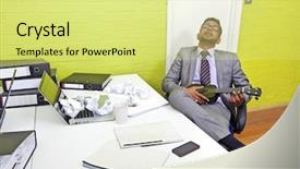  Presentation with ukulele - Amazing PPT theme having indian businessman asleep at his desk clutching ukulele backdrop and a yellow colored foreground