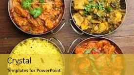  Presentation with indian food chicken curry powder - Colorful presentation design enhanced with indian chicken and vegetable curries backdrop and a yellow colored foreground