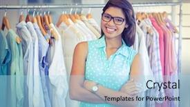  Presentation with boutique - Slide deck enhanced with indian clothing - happy shopper smiling at camera background and a light blue colored foreground